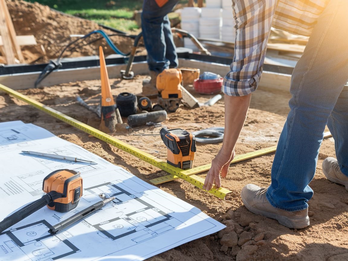 Sznurek i paliki wyznaczające fundament garażu